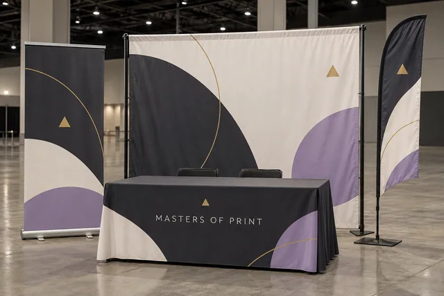 Illustrative event setup with a backdrop, table cover, retractable banner and feather flag