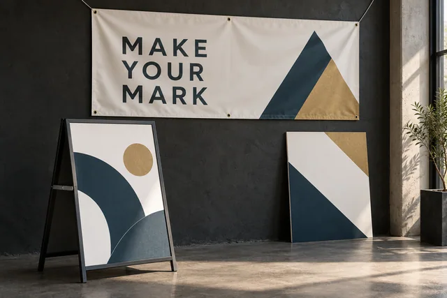 Illustrative vinyl banner, A-frame sidewalk sign and rigid printed sign panel